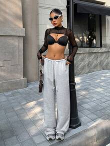 Muchica Black Sheer Fishnet Mock Neck Cropped Tight Top - Black - View 5