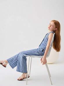 SHEIN Tween Girls' Casual Vacation Striped Vest And Wide Leg Pants 2 Pieces Set - Blue and White - View 3