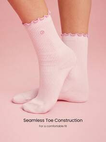 GLOWMODE Comfy Flex Seamless Toe Construction Embroidered Ruffle Socks Daily Casual - White+Barely Pink+Pink - View 4