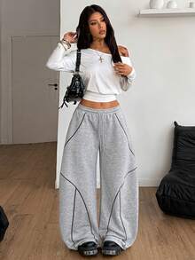 Coolane Women's Spring/Summer Streetwear Basic Daily Wear Casual Homecoming Sportswear Contrast Piping Baggy Low Rise Banana Pants - Grey - View 2