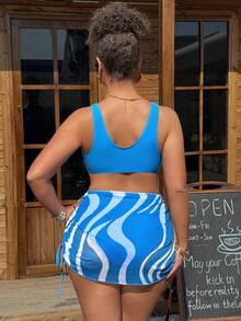Swim Vcay 2026 New Summer Beach Vacation 2 Pieces Set, Wavy Blue Print Sexy, Plus Size Swimsuit - Blue - View 5