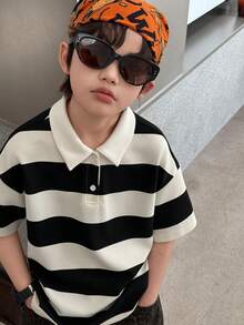 DAZY Tween Boy Casual Striped Quarter Button Short Sleeve T-Shirt, Summer - Black and White - View 4