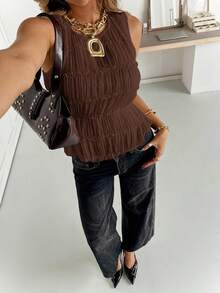 Siren Gaze Women's Solid Color Lace Trim Pleated Round Neck Camisole Brown Blouse Brown Top Summer Top Dark Brown Top Western Top Brown Summer Top - Coffee Brown - View 4