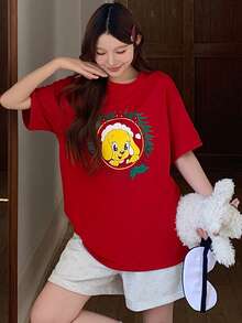 DAZY 可爱圣诞卡通狗印花女士睡衣套装 - 紅色 - 查看 7