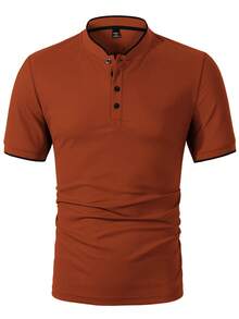 Manfinity Homme 男士鐵鏽棕色夏季休閒辦公 Polo 衫，對比色短袖半拉鍊立領 T 恤，日常休閒老錢風上衣，正式 - 紅色 - 查看 6
