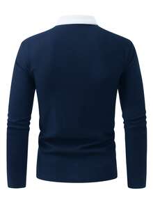 Manfinity Homme Men's Contrast Color Long Sleeve Casual Commuter Versatile Polo Shirt Navy Blue Knit Top, Formal, Ceremony - Navy Blue - View 2