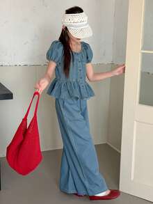 DAZY Tween Girl Casual Vacation Everyday Commute Scoop Neck Puff Sleeve Peplum Denim Top & Wide Leg Jeans Set, Spring/Summer - Blue - View 4