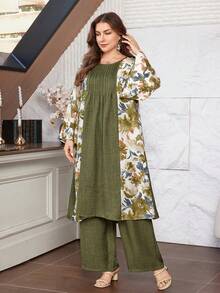 Lacomfia Plus Size 2pcs Set: Solid Color Patchwork Print Long Sleeve Midi Shirt & Elastic Waist Wide Leg Pants, Spring/Autumn - Multicolor - View 3