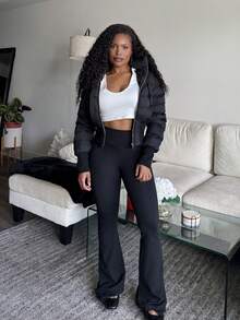 Tyla Gomez Zip Up Fuzzy Trim Hooded Crop Puffer Black Coat In Fall/Winter - Black - View 6