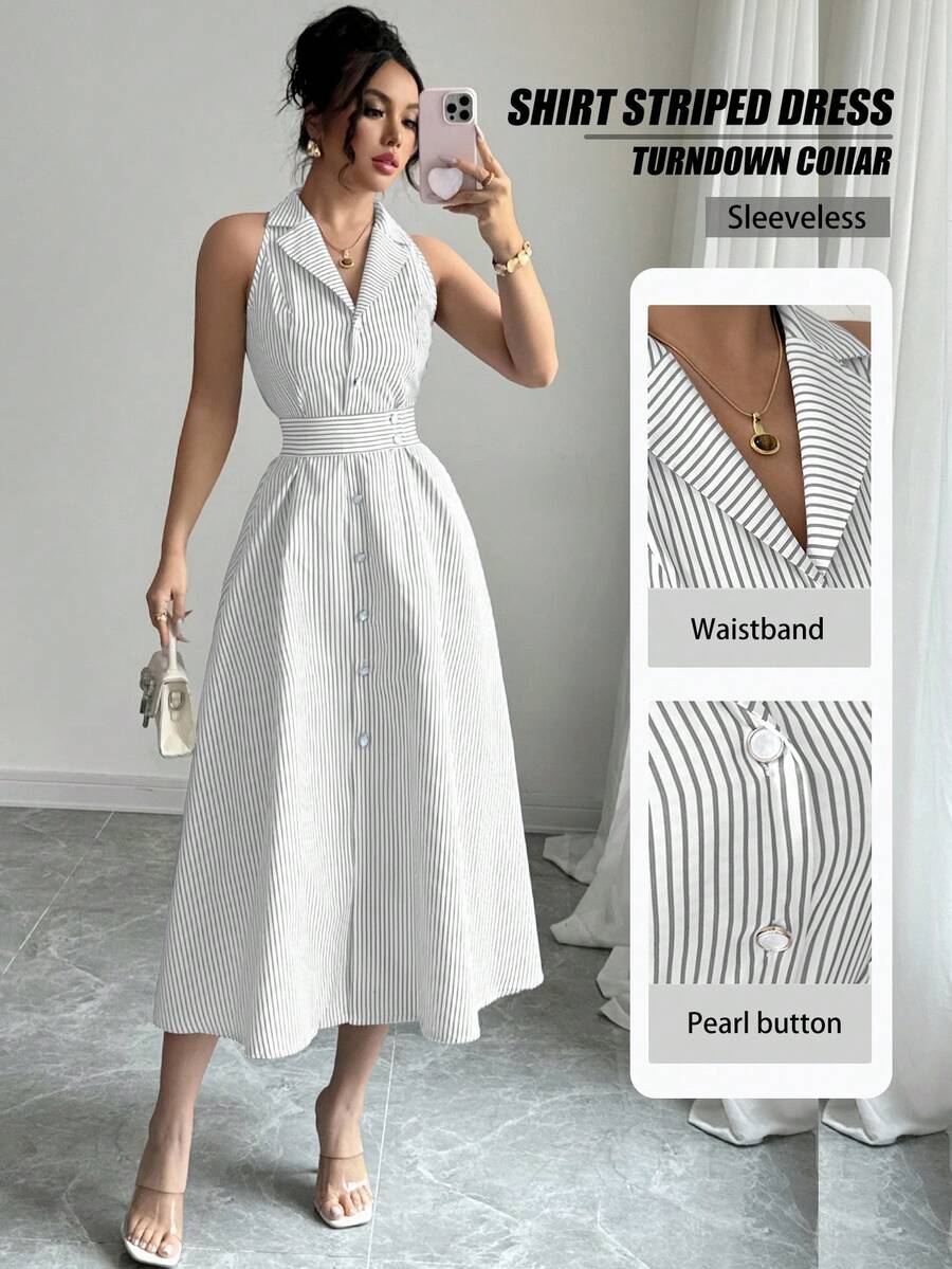 Elenzga 女士优雅休闲通勤条纹连衣裙 - 黑與白 - 查看 1