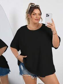 SHEIN CURVE+ 3pcs/Set Plus Size Summer Loose Fit Crew Neck Versatile Short Sleeve T-Shirts In White, Black And Gray,Curve Plus ,Hoho Vacation, Summer Tops - Black - View 7
