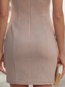 Balvessa V-Neck Sleeveless Metal Buckle Waist Bodycon Mini Dress For Women - Khaki - View 5