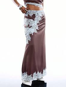 LYSMO Chân váy nữ dáng suông cạp thấp phối ren tương phản phong cách vintage, thích hợp mặc hàng ngày. - Cà phê nâu - Xem 4