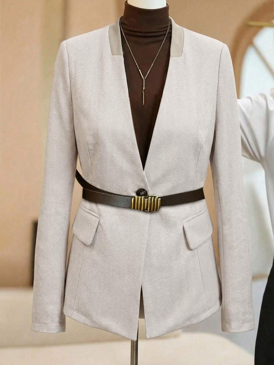 Franclia Áo khoác blazer dài tay cổ chữ V, thắt eo, cỡ lớn dành cho nữ, chất liệu dệt kim, thích hợp cho công sở. Áo blazer nữ, áo khoác công sở, áo blazer nữ. - Hồng - Xem 1