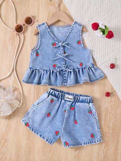 LMoss Kids 2 Parça/Set Genç Kız Çocukları İçin Sevimli Çilek Desenli Mavi Kot Bol Kesim Kolsuz Üst ve Şort Takımı