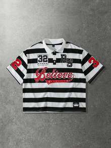 ROMWE MEN Men's Striped Short Sleeve Polo Shirt, Loose Fit - Black - View 1