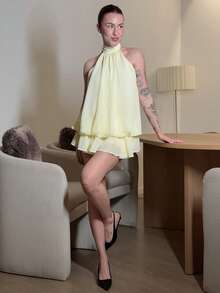 Abrilcols Women's Chiffon Elegant Butter Yellow Halter Tie Mini Dress,Women Dating Dress,Women Night Out Dress,Summer Dresses For Women, Honeymoon Outfits Woman .Women Wedding Guest Dress. Island Vacation Outfits,Wedding Guest Dress Women ,Sun Dresses For Women ,Elegant Dresses For Party Birthday Dresses For Women - Light Yellow - View 2