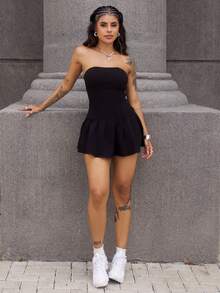 Rayane Ketlyn 女性無肩帶純色褶皺簡約連衣裙,適用於春夏季節 - 黑色 - 查看 5