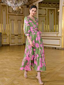 LOTSLUV Vestido Longo Envelope Elegante Feminino com Estampa Floral Verde e Rosa, Decote em V, Manga Longa e Cintura com Amarração - Verde - Visão 3