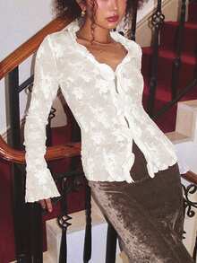 Roelina 女士休闲纯色荷叶边纽扣长袖衬衫 - 白色 - 查看 6