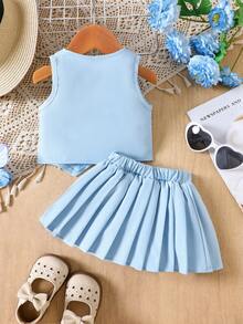 Elladie kids 2pcs/Set Baby Girls Summer Vest Top And Pleated Skirt Set - Blue - View 2