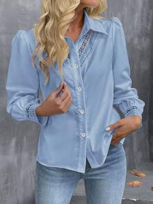 SHEIN LUNE Casual Vacation Style Hollow-Out Patchwork Long Sleeve Shirt - Light Wash - View 3