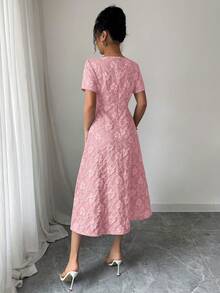 Elenzga Blue 3D Embossed Fabric Square Neck Women Short Sleeve A-Line Dress - Pink - View 2