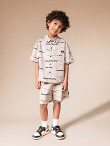 SUMWON Boys Button Up Shirt And Matching Shorts Set White All Over Print Text Pattern Summer Casual Two Piece Outfit - Khaki - View 1