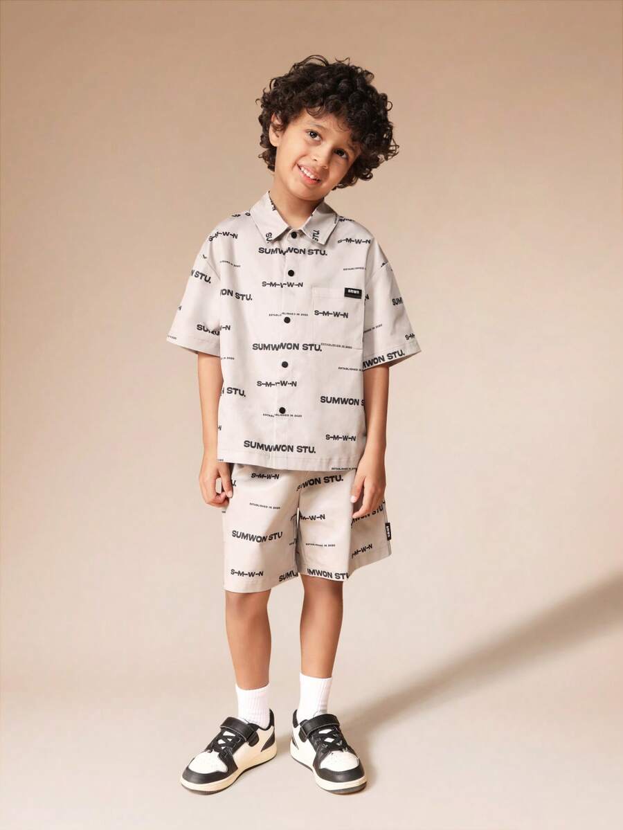 SUMWON Boys Button Up Shirt And Matching Shorts Set White All Over Print Text Pattern Summer Casual Two Piece Outfit - Khaki - View 1