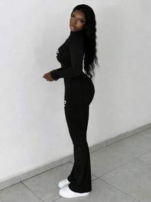 Slaydiva 两件套女士休闲基础款高弹修身长袖拉链字母印花上衣和裤子套装 - 黑色 - 查看 4