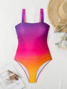 Swim Lushoire 女士优雅显瘦渐变褶皱连体泳衣，宽肩带 - 彩色 - 查看 3