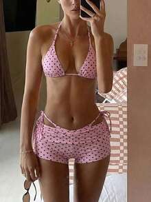 Bonvoyette Summer New Beach Vacation Party Afternoon Tea Polka Dot Print Micro Triangle Side Tie Ruched 3 PiecesWomen Swimwear Set - Multicolor - View 1