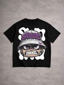 Manfinity EMRG 男士休闲卡通印花圆领短袖露脐T恤 - 黑色 - 查看 1