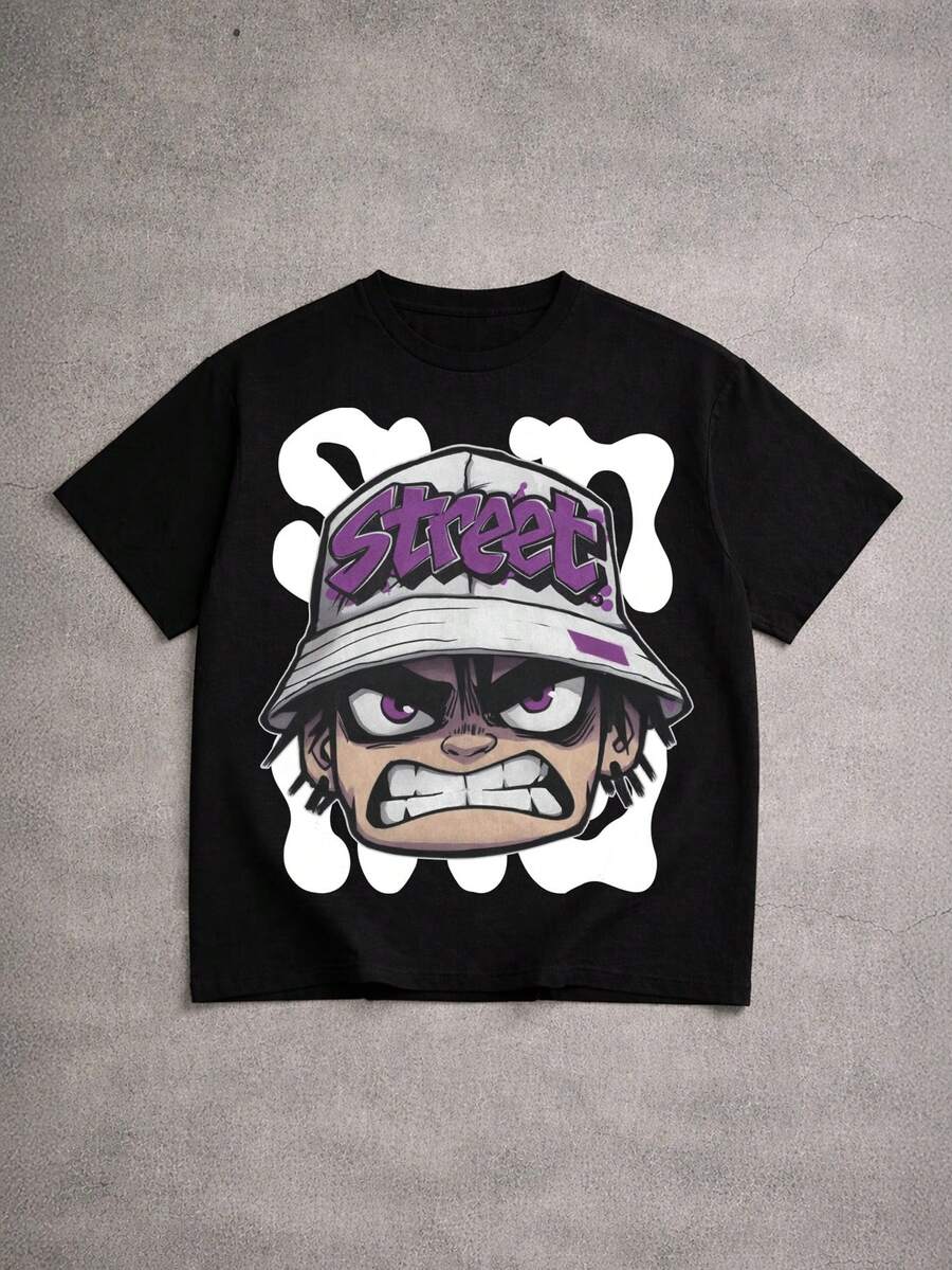 Manfinity EMRG 男士休闲卡通印花圆领短袖露脐T恤 - 黑色 - 查看 1