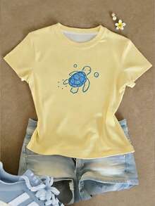 SHEIN Creamy Yellow Butter Yellow Sea Turtle Pattern Casual Tank Top Graphic Tee Beach T-Shirt - Yellow - View 3