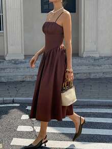 Cévolie Đầm nữ mùa hè kiểu Pháp lãng mạn mới, không dây vai, thắt eo, dài đến đầu gối. - Màu nâu  Mocha - Xem 5
