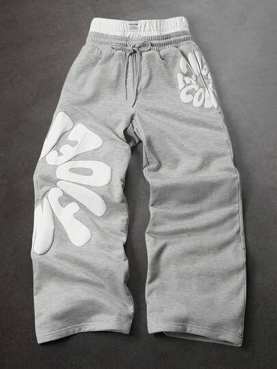 PAVTROS Men's Letter Print Drawstring Waist Loose Fit Casual Sweatpants Sweatpants Grey Stacked Sweat Pants
