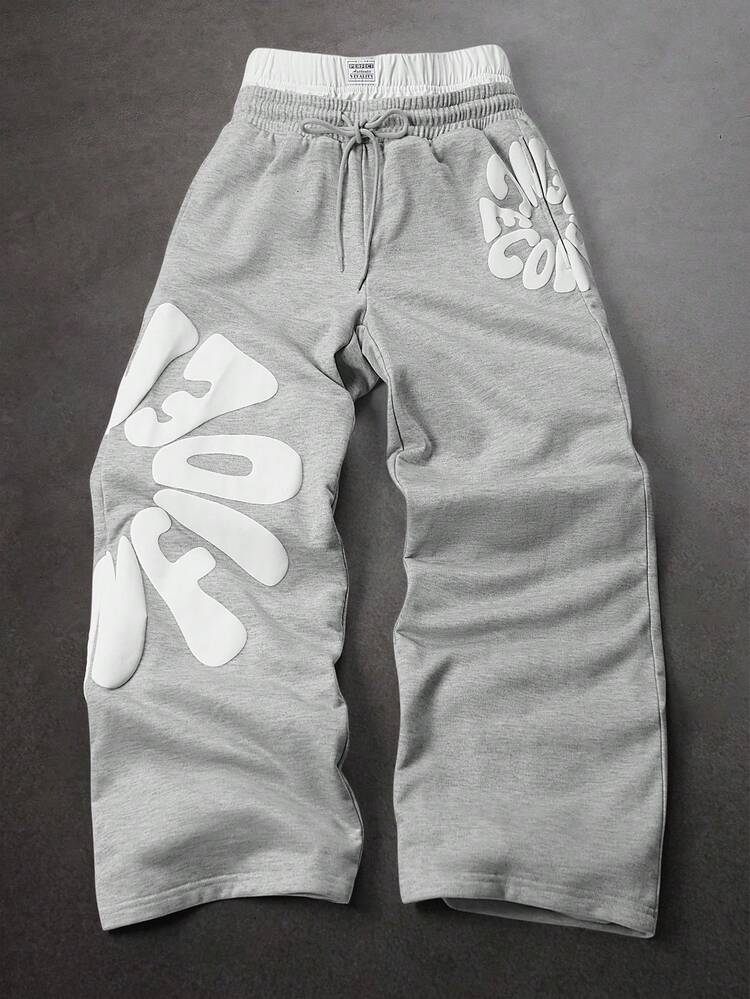 SLATEMANN Męskie spodnie dresowe z nadrukiem w litery, ściągaczem w pasie, luźne, codzienne - Szary - Zobacz 1