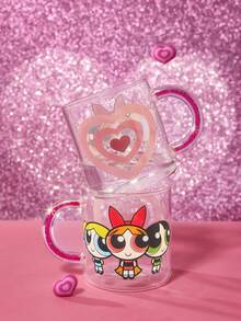 THE POWERPUFF GIRLS X SHEIN 1Pc 17.6oz/520ml Cute Cartoon Pattern Printed Shiny Handle Decorative Borosilicate Glass Mug, Cold And Heat Resistant, Suitable For Milk, Juice, Coffee, Etc., Love, Bubbles, Blossom, Buttercup,Gift Ideas - 無色 - 查看 2