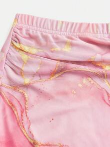 SHEIN 女童不对称肩部印花短袖T恤和中长裙两件套优雅度假套装 - 粉色 - 查看 8