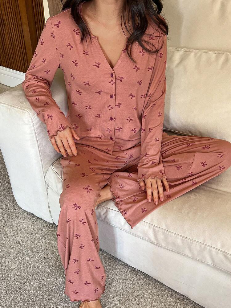 2pcs Knitted Butterfly Print Cardigan Long Sleeve & Pants Pajama Set For Women, Autumn