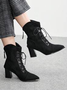 CUCCOO BIZCHIC Women's Fashion Versatile Lace-Up Chunky High Heel Ankle Boots Valentine's Day - Black - View 6