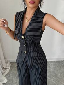 SHEIN Elenzya Sleeveless Cinched Waist Jacket & Straight Leg Pants Striped Fabric Elegant Women's Suit Set - Multicolor - View 6