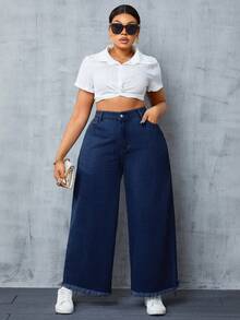 SHEIN SXY Plus Size Casual Washed High Waist Wide Leg Jeans - Dark Wash - View 6