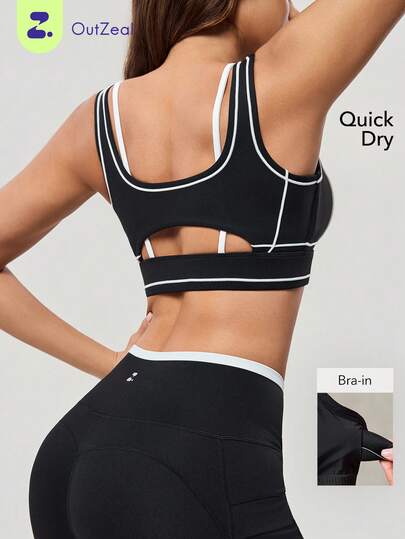 OutZeal 女士运动文胸 黑色 健身房速干运动文胸 撞色设计 运动上衣