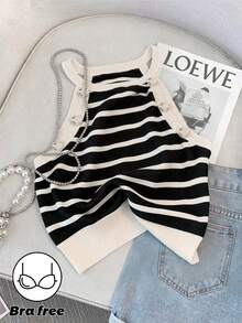 GlowEve 女士条纹纽扣设计休闲时尚吊带背心 - 黑與白 - 查看 3