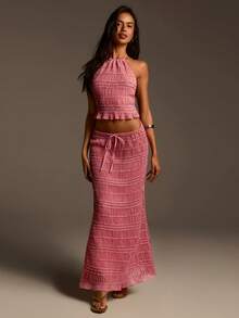 Athîral Women's Casual Vacation Pink Ruffle Trim 2 Pieces Set, Backless Camisole Top And Long Skirt - Pink - View 1