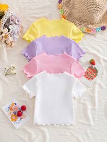 SHEIN Bộ đồ 4 món dễ thương cho bé gái, kiểu dáng thường ngày, đơn giản, đa năng, chất liệu vải dệt kim co giãn màu trơn, có dây đeo vai và họa tiết sọc, tay ngắn, bèo nhún, phù hợp cho mùa xuân và mùa hè. - Nhiều màu - Xem 6