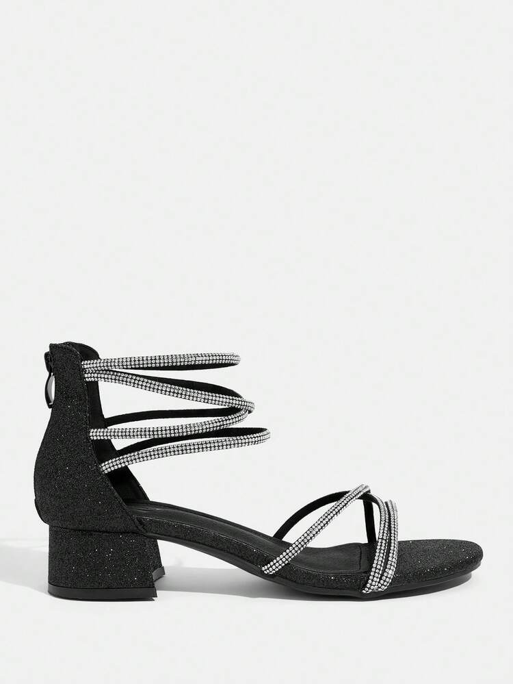CUCCOO TILAWA Women Shoes Summer Round Toe Thick High Heel Black Rhinestone Strip Open-Toed Women's Sandals Sexy Fashion Gorgeous Comfortable With Skirts Banquet Party Nightclub Women's Medium Heel Sandals