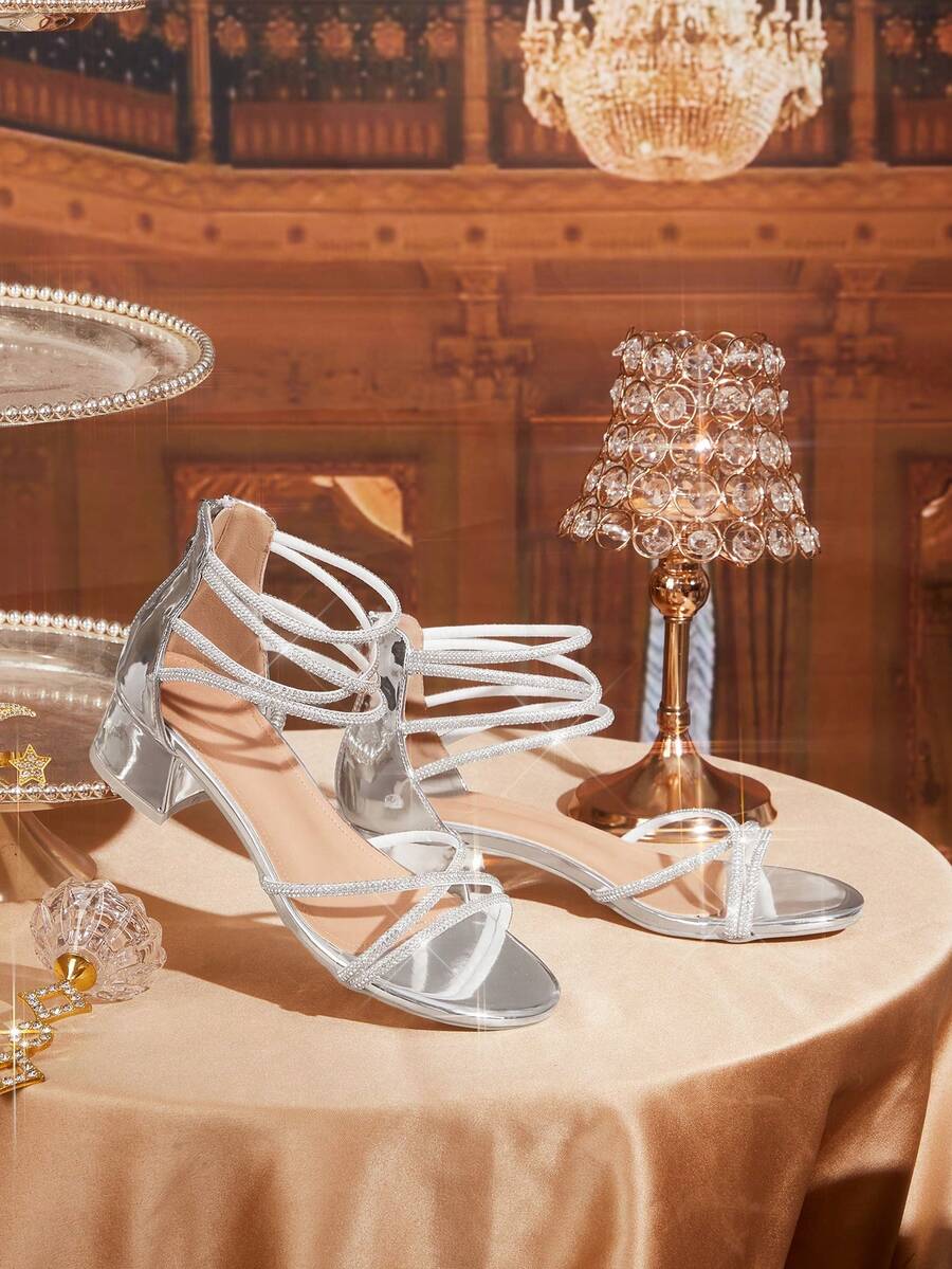 CUCCOO TILAWA 女士夏季圆头粗跟高跟银色水钻饰带露趾凉鞋，性感时尚，华丽舒适，搭配裙装，适合宴会、派对、夜店等场合，女士中跟凉鞋 - 亮銀 - 查看 1